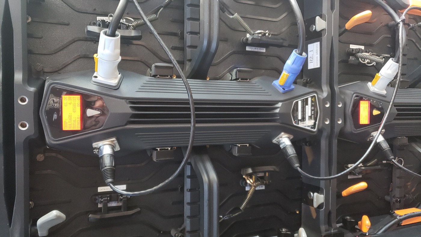 Close-up of an LED panel receiving card and wiring